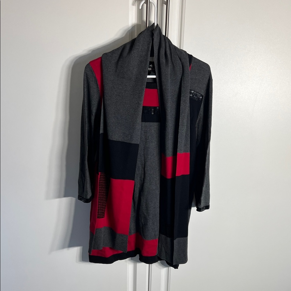 Style & Co. Gray and Red Colorblock Open-Front Women's Sweater dress with scarf